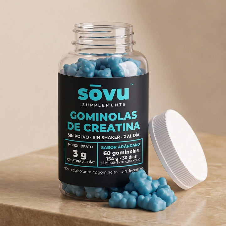 Bote de gominolas de creatina sōvu abierto con ositos azules