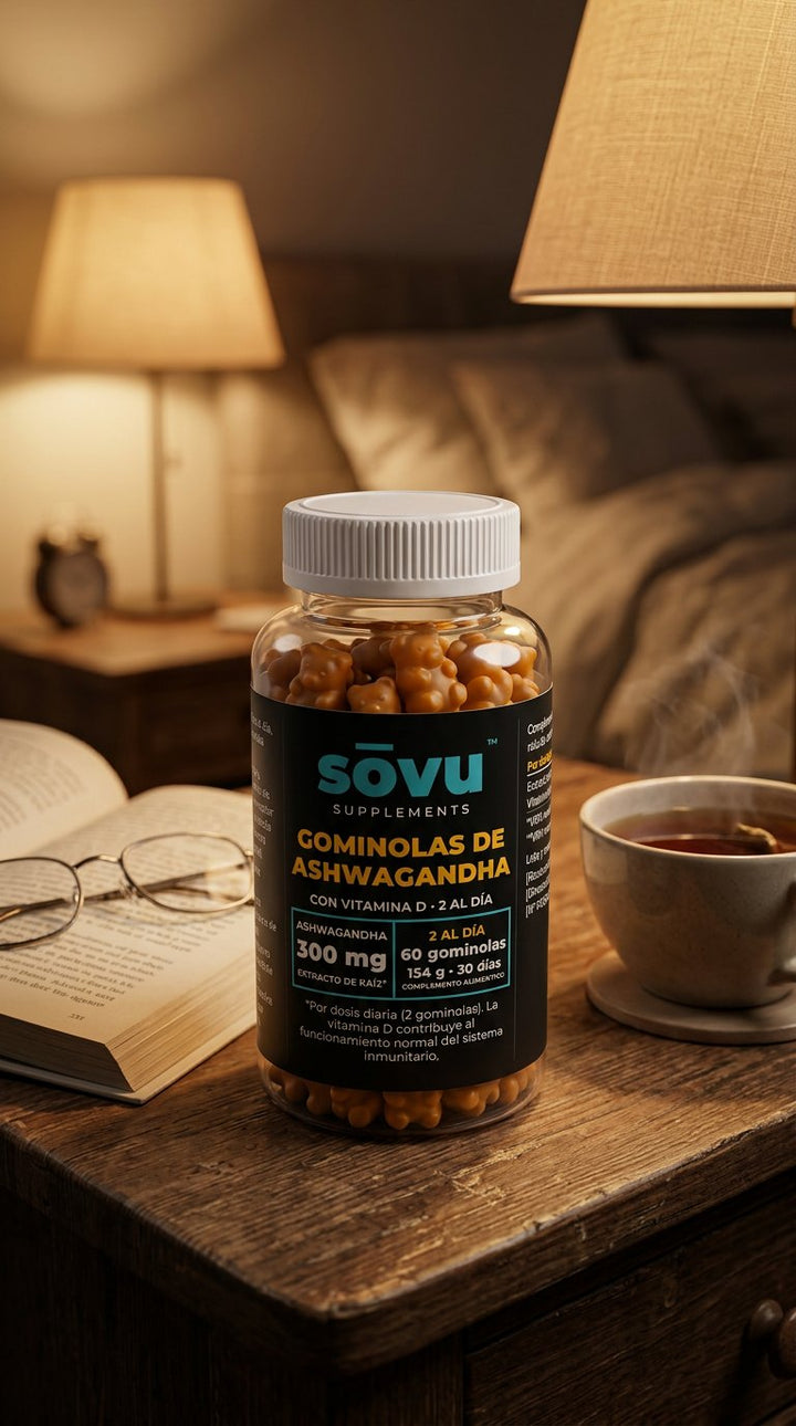 Bote de sōvu Ashwagandha en la mesilla junto a un libro y una infusión