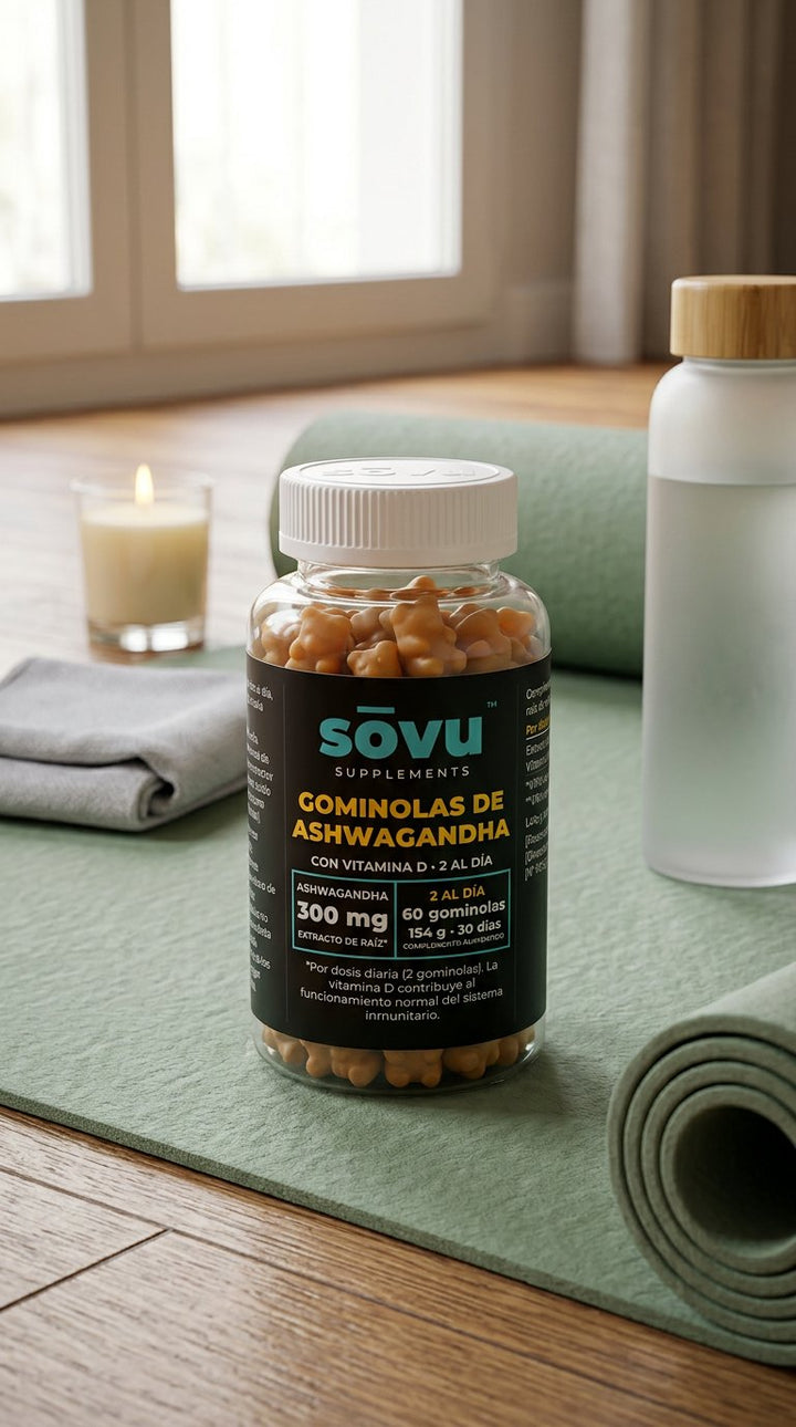 Bote de sōvu Ashwagandha sobre una esterilla de yoga