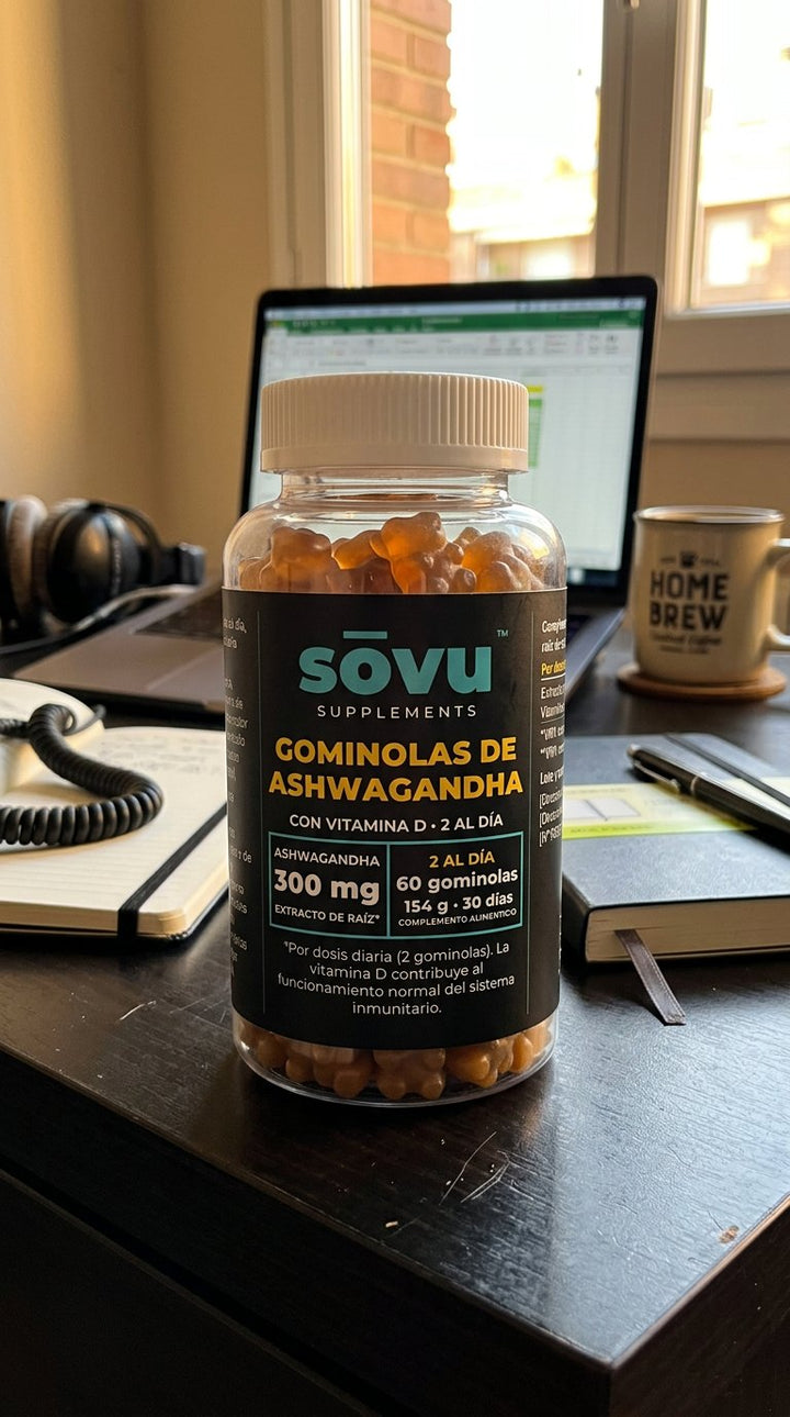 Bote de sōvu Ashwagandha en la mesa de teletrabajo