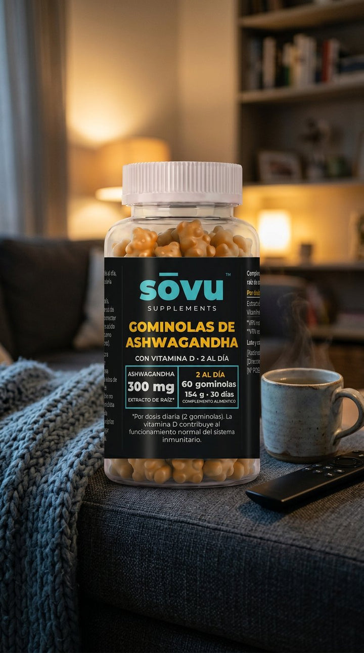 Bote de sōvu Ashwagandha en el sofá con una manta