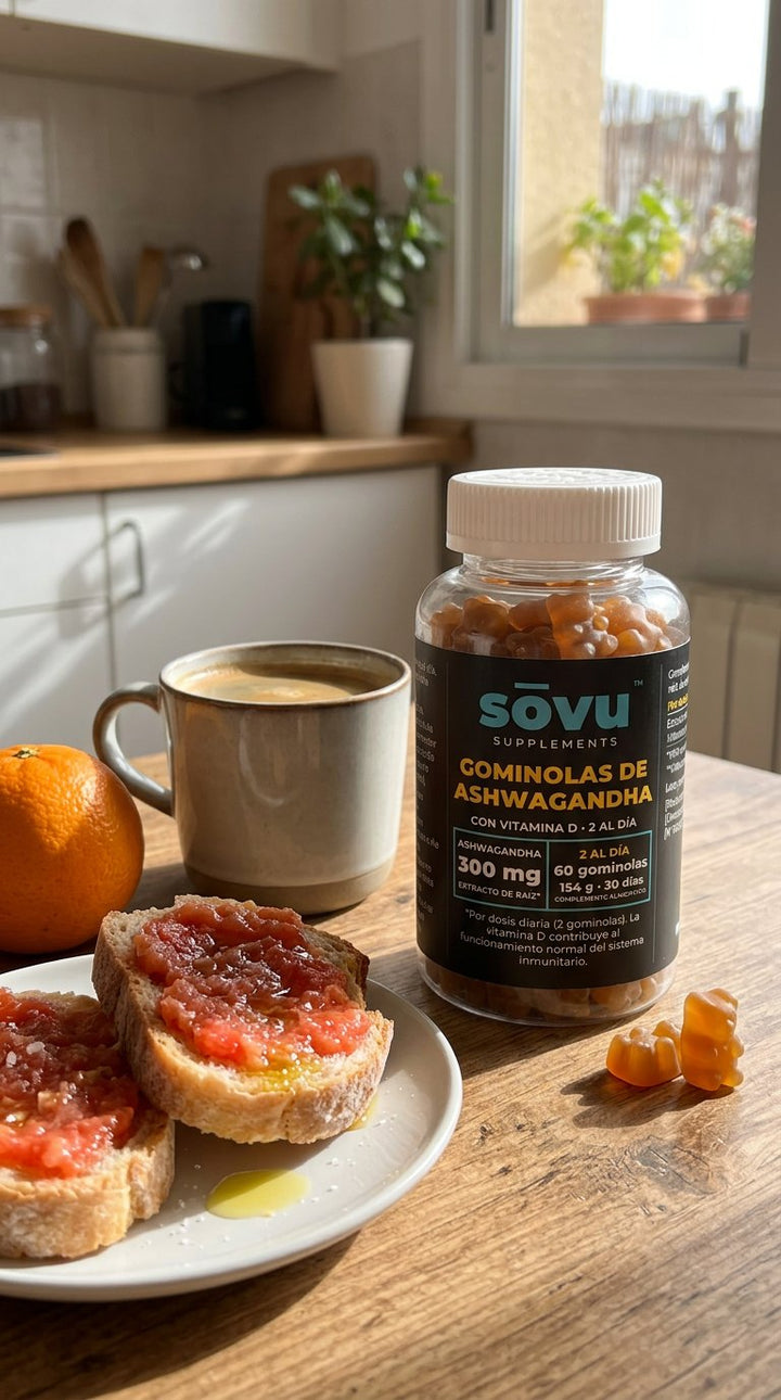 Bote de sōvu Ashwagandha en el desayuno