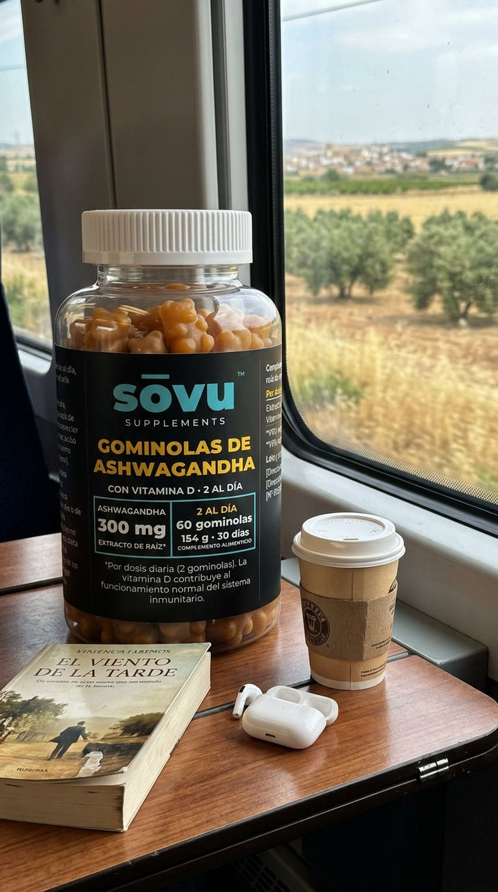 Bote de sōvu Ashwagandha en la mesa del tren
