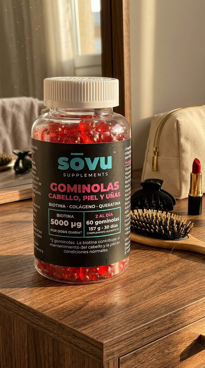Bote de sōvu Cabello, piel y uñas en el tocador