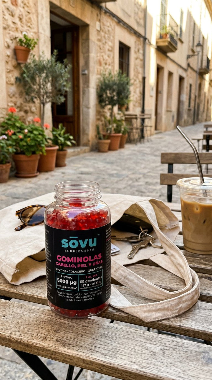 Bote de sōvu Cabello, piel y uñas en una terraza junto a un café