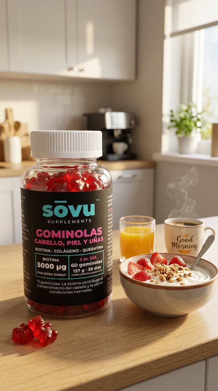 Bote de sōvu Cabello, piel y uñas en el desayuno