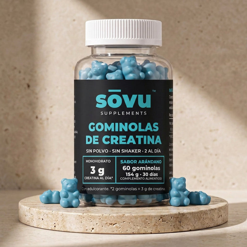 Bote de sōvu Gominolas de creatina sobre peana de piedra con ositos azules