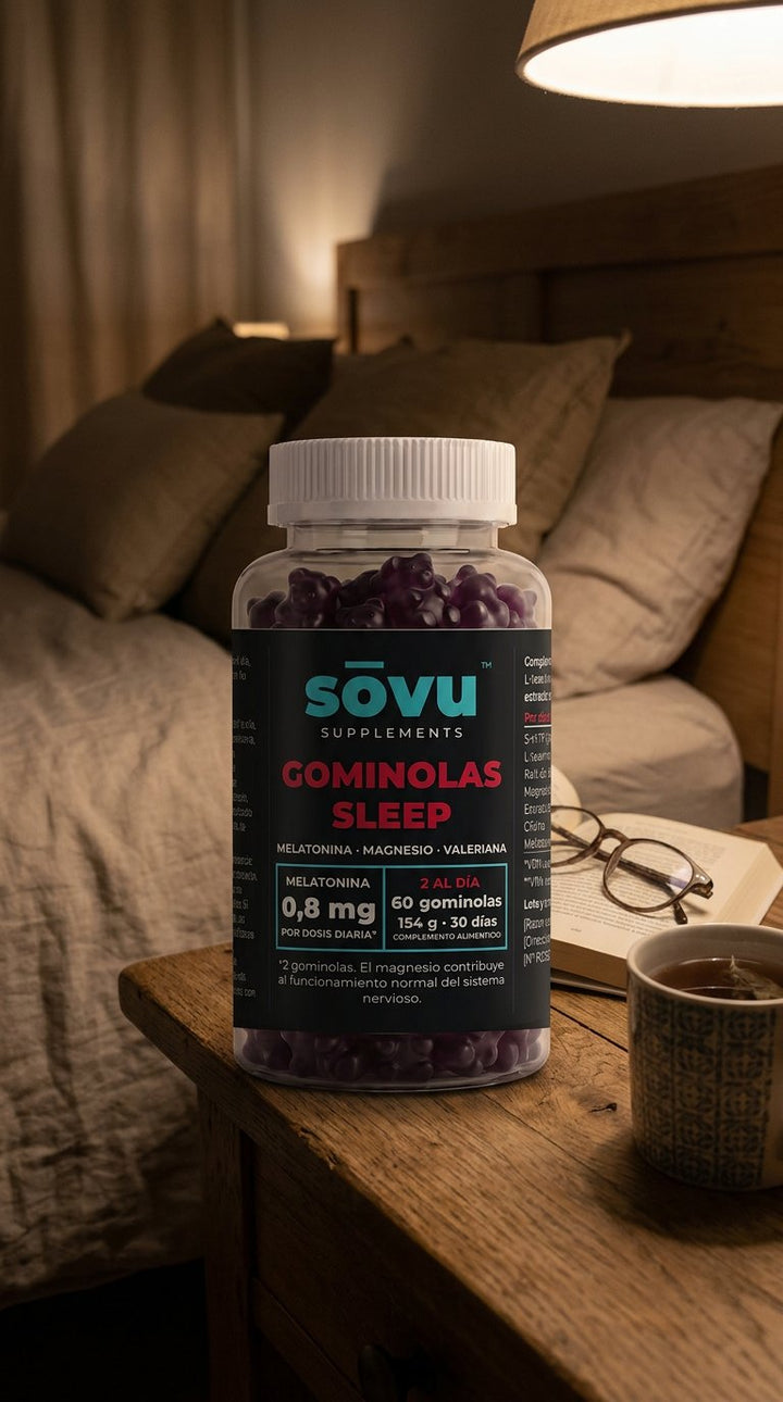 Bote de sōvu Sleep en la mesilla de noche con un libro y una infusión