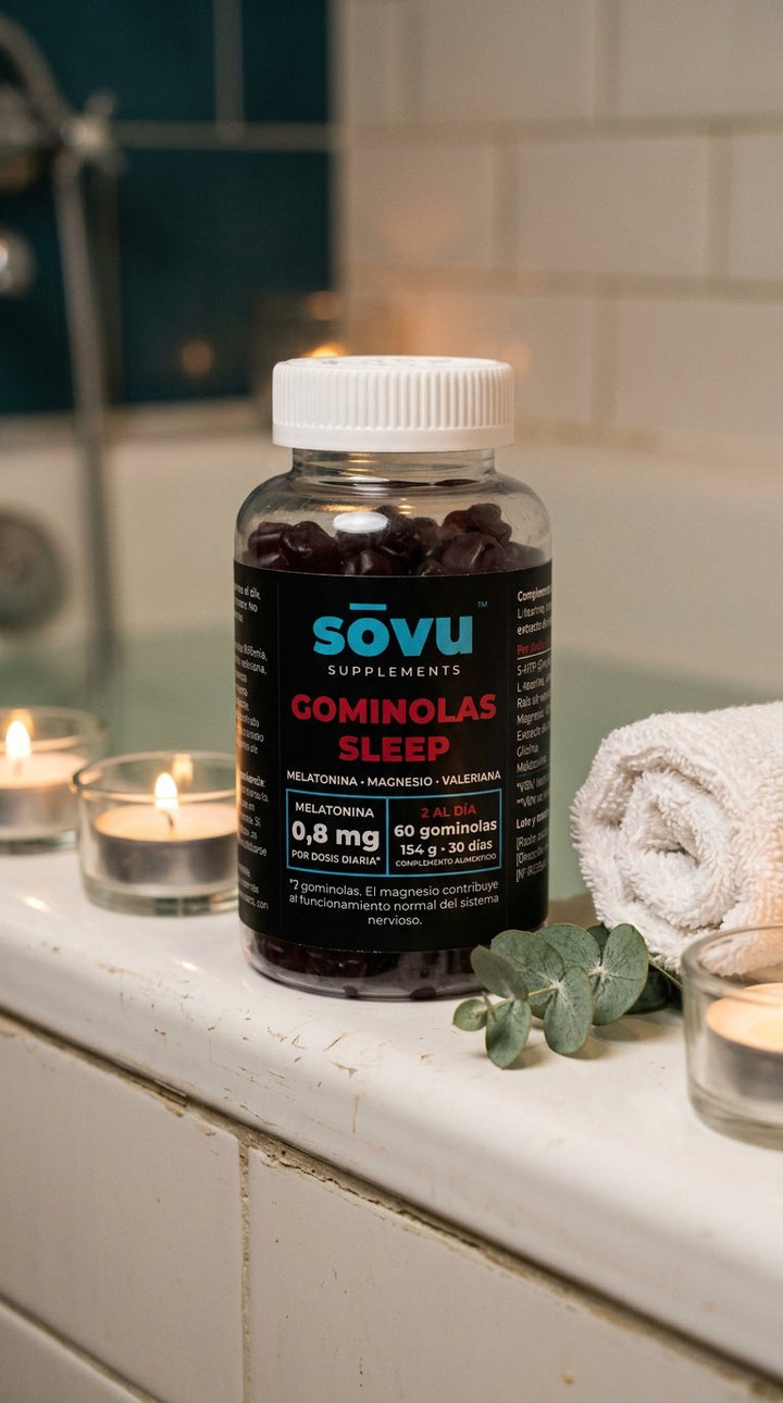 Bote de sōvu Sleep junto a la bañera con velas