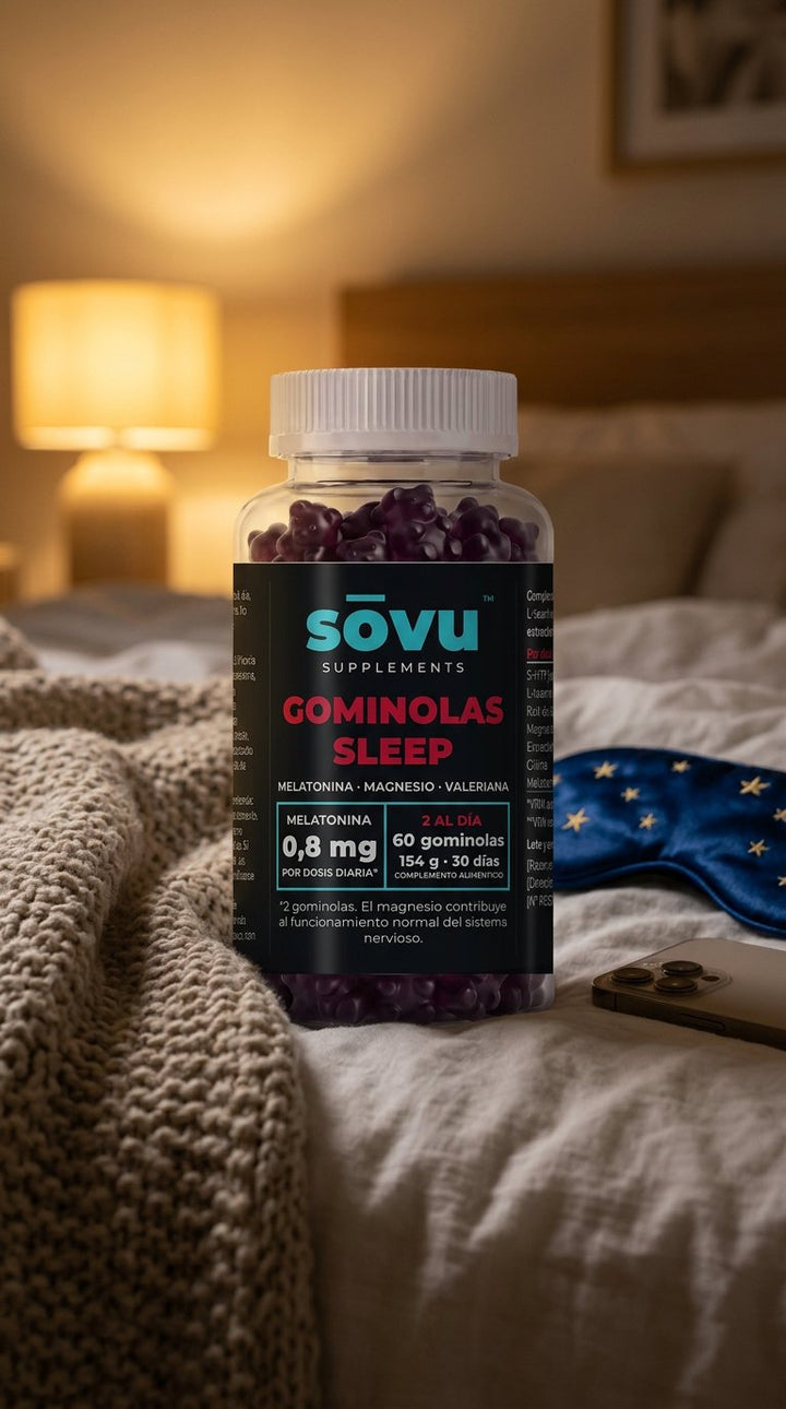 Bote de sōvu Sleep sobre la cama con un antifaz