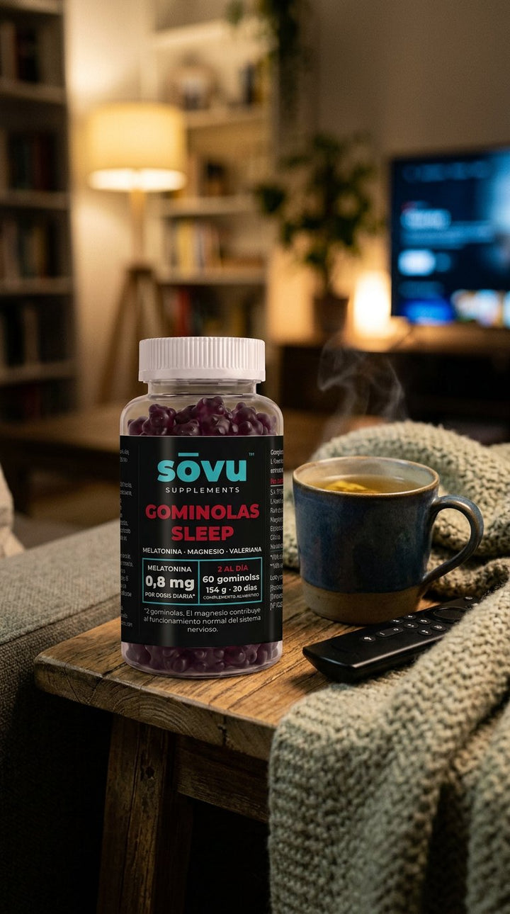 Bote de sōvu Sleep en el sofá con una taza
